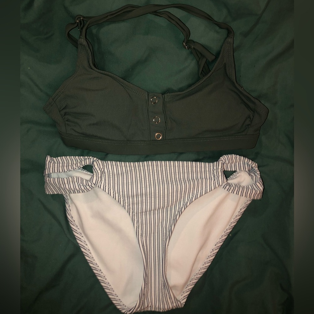 Dark Green Bikini Top and Striped Bottoms